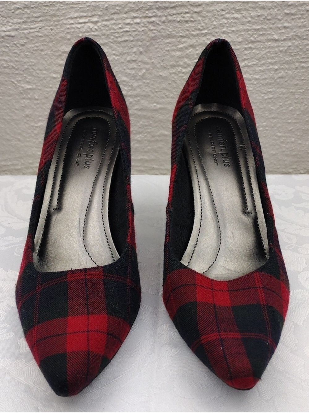 Comfort Plus by Predictions Black Red Plaid Fabric Point Toe High Heel Pump Shoe - Picture 2 of 16